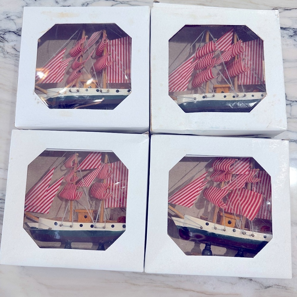 Vintage Wooden Ship Sailing Handmade Boat Model Home Decor Display set of 4